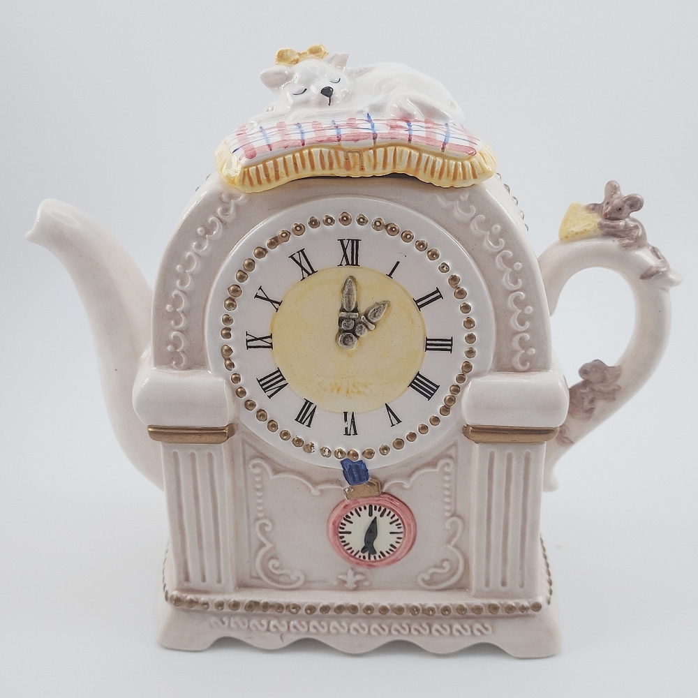 VTG Ceramic Novelty Light Taupe Teapot Clock Kitty Cat Mice Rare Accent Decor